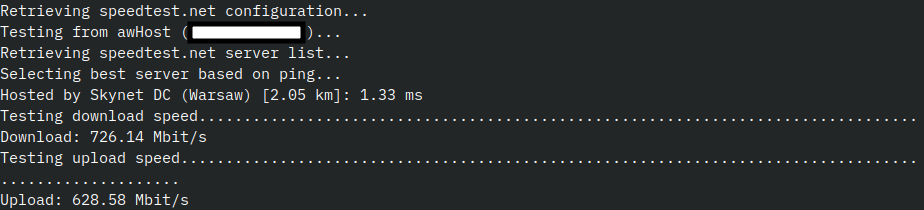 The internet speed test results from a VPS from awHost